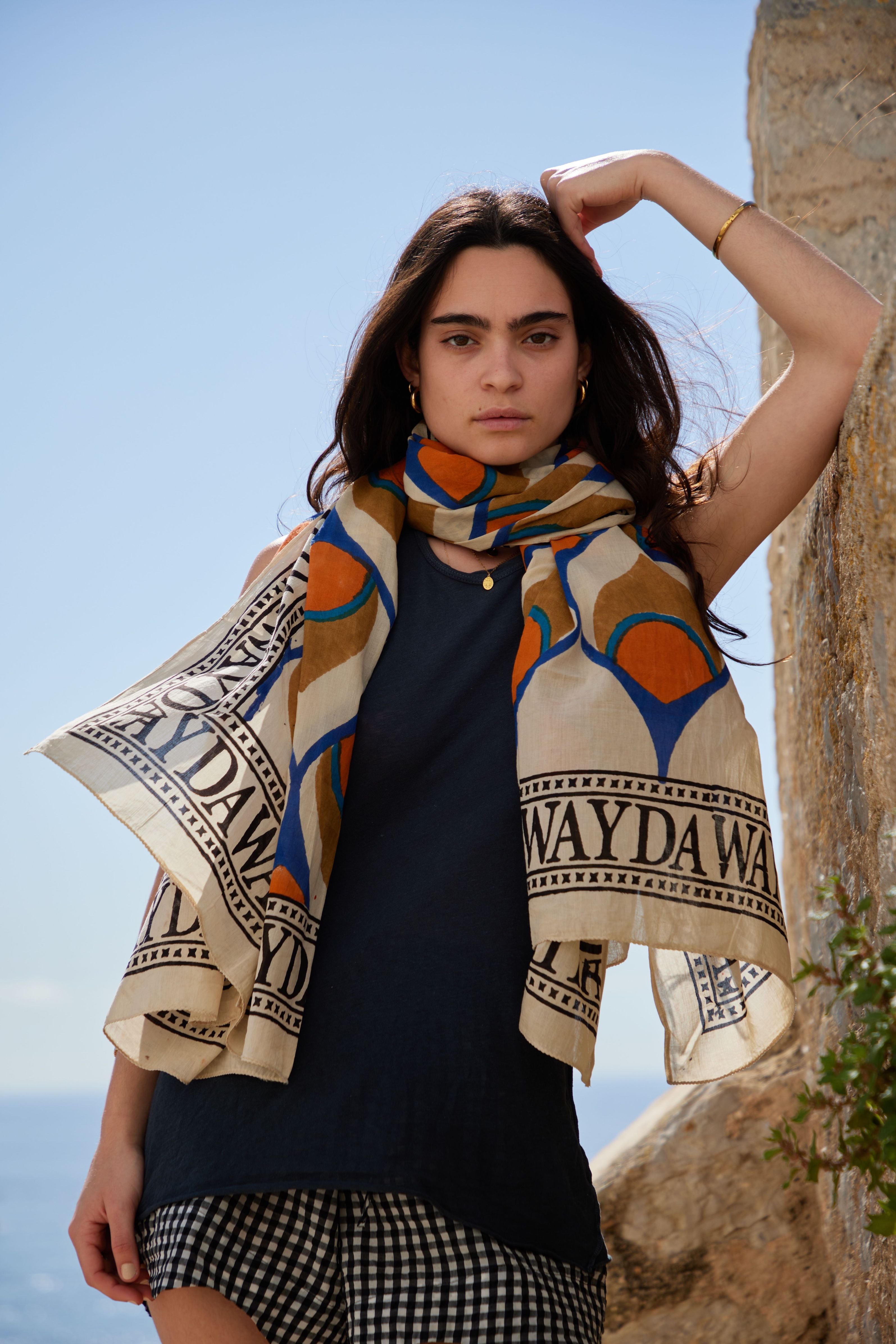 NEW INDIA BOHO SCARF HAND-MADE BLOCKPRINT: PEACOCK ORANGE