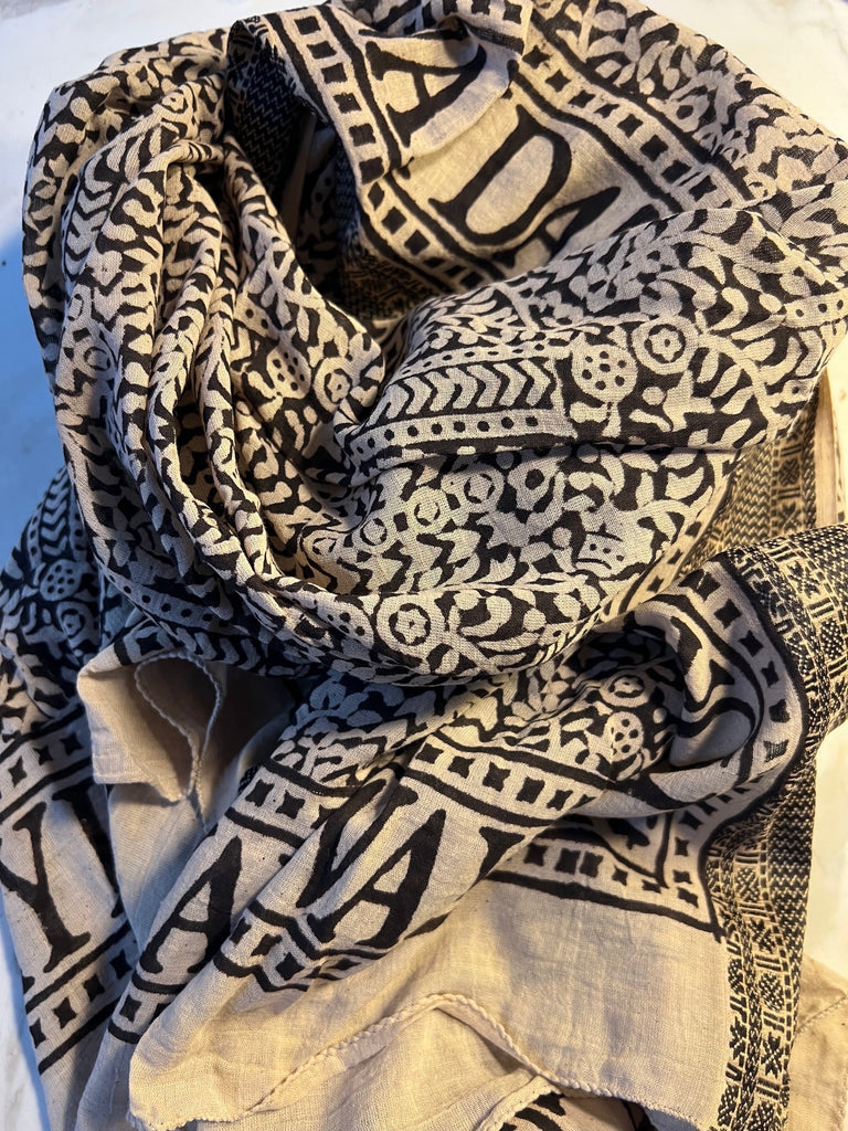 NEW INDIA BOHO SCARF HAND-MADE BLOCKPRINT: BALTHAZAR WITH WOVEN BORDER