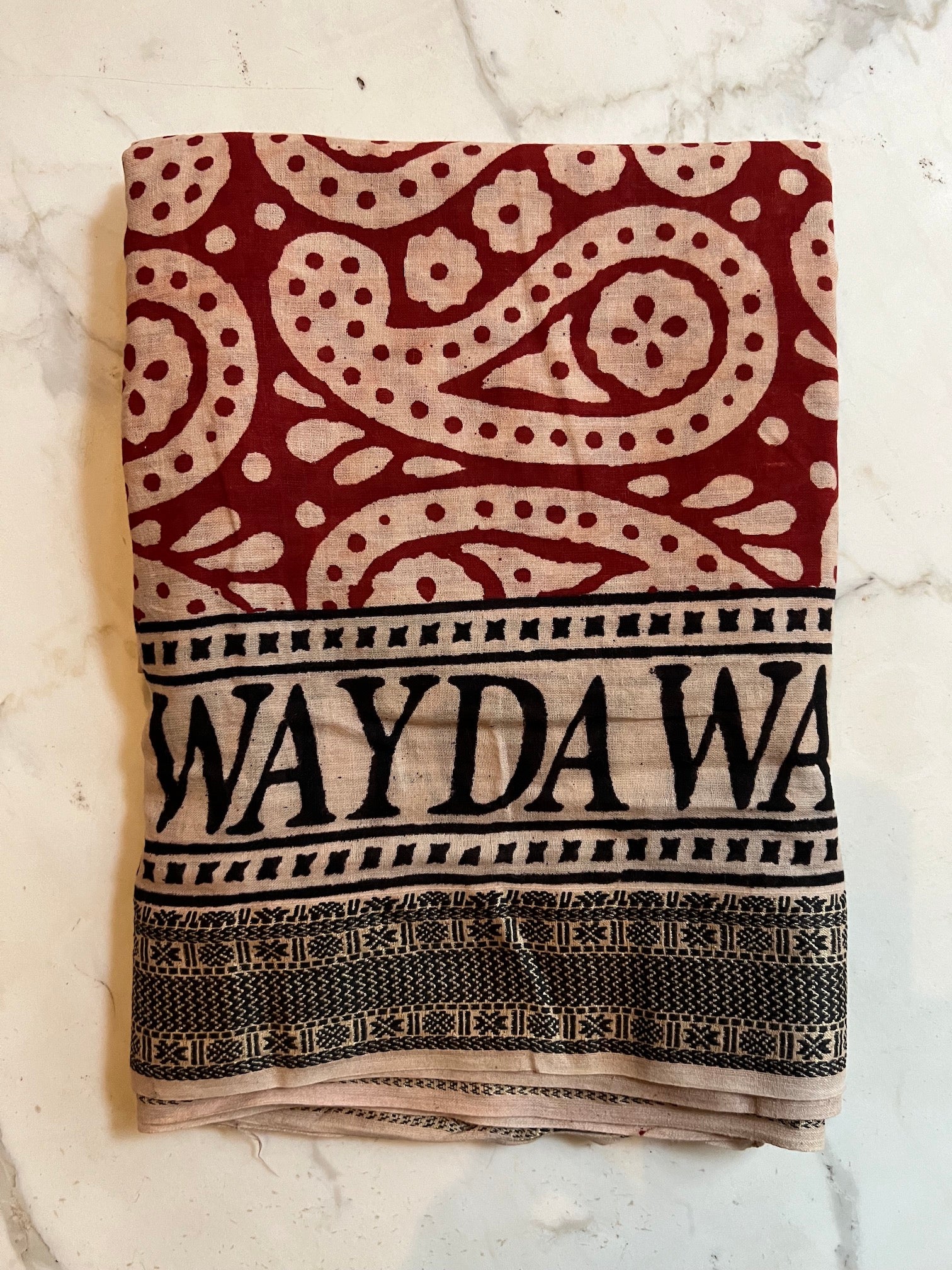 INDIA BOHO SCARF HAND-MADE BLOCKPRINT: PAISLEY RED WITH WOVEN BORDER