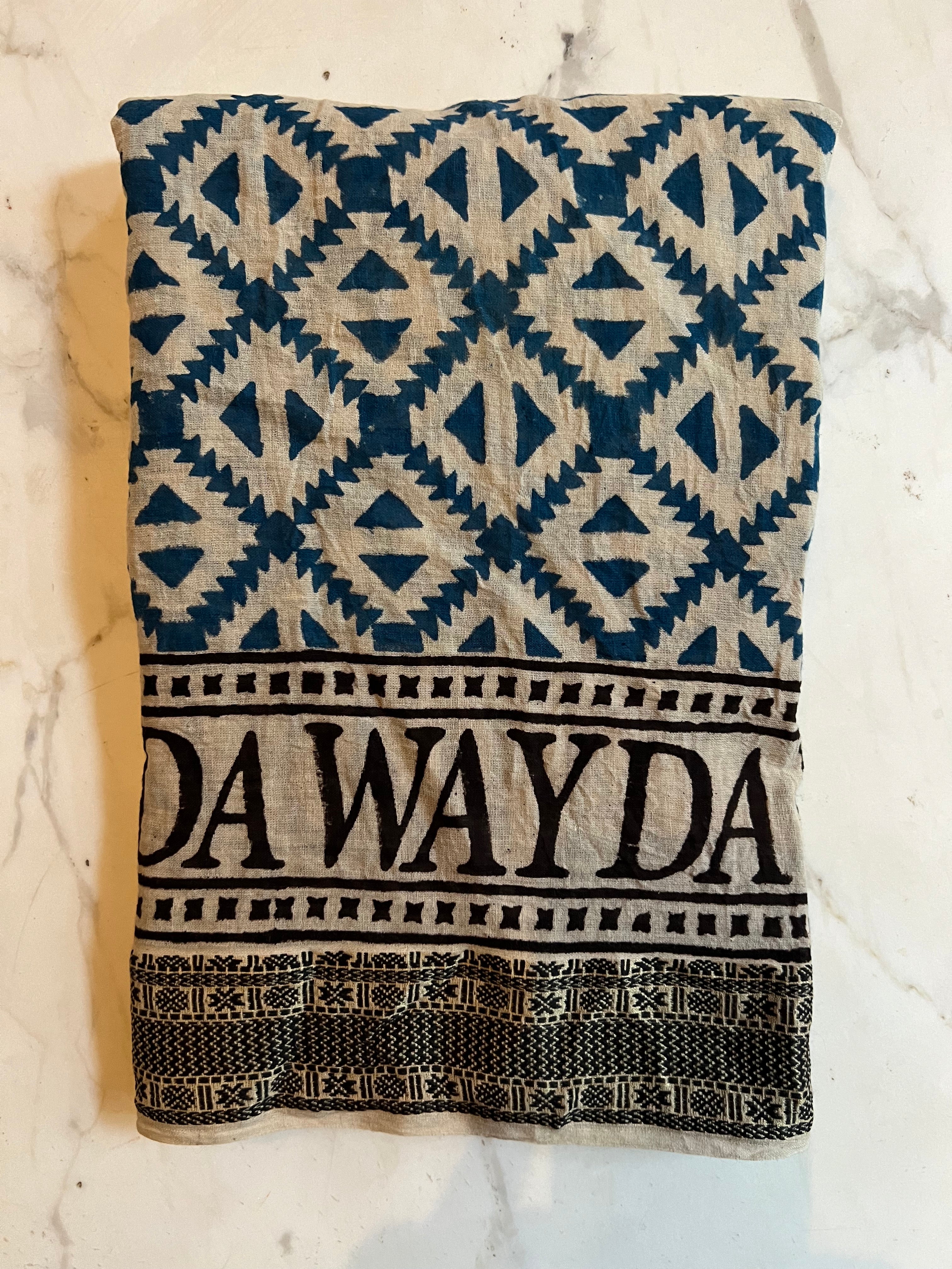 NEW INDIA BOHO SCARF HAND-MADE BLOCKPRINT: BLUE GEORGIA WITH WOVEN BORDER