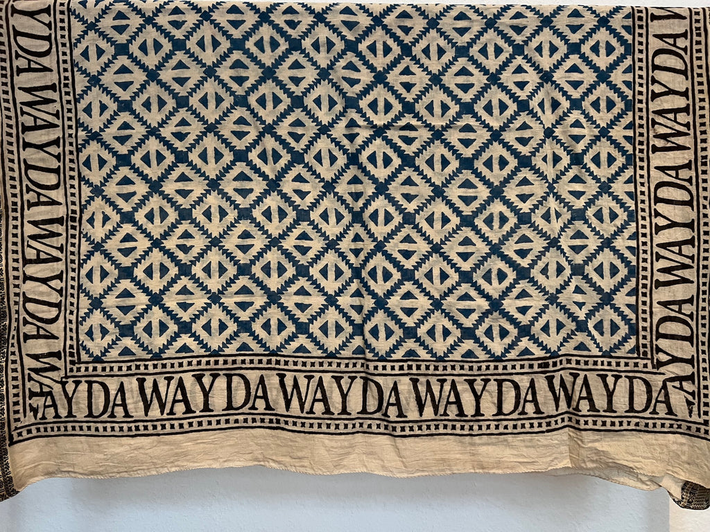 NEW INDIA BOHO SCARF HAND-MADE BLOCKPRINT: BLUE GEORGIA WITH WOVEN BORDER