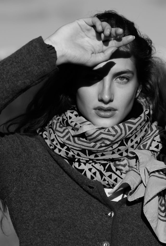 NEW INDIA BOHO SCARF HAND-MADE BLOCKPRINT: BALTHAZAR WITH WOVEN BORDER