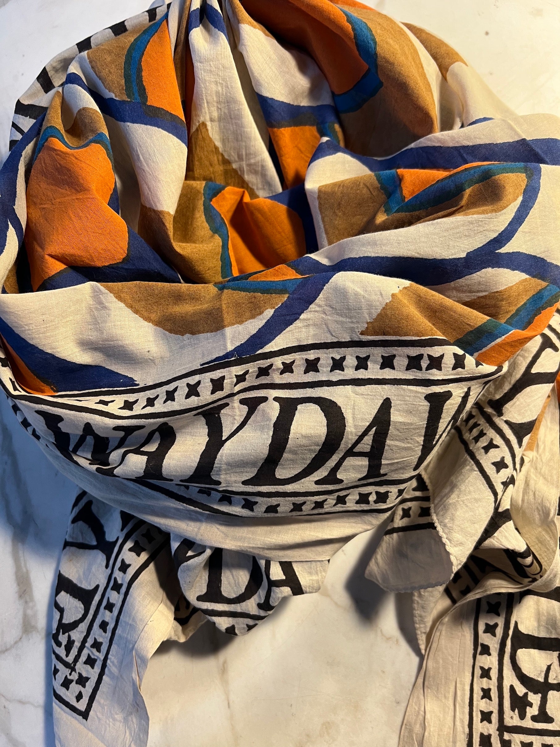 NEW INDIA BOHO SCARF HAND-MADE BLOCKPRINT: PEACOCK ORANGE-4