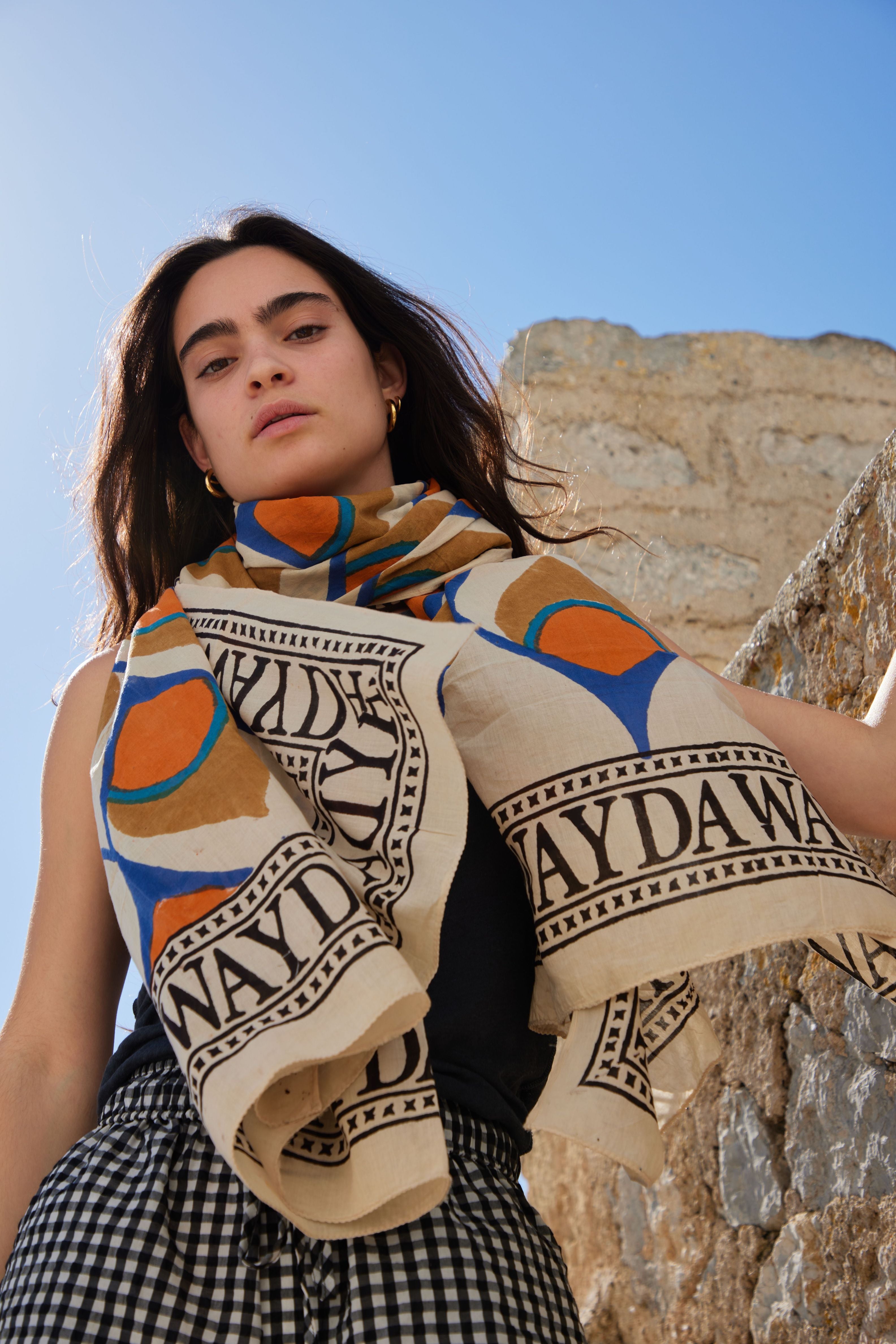 NEW INDIA BOHO SCARF HAND-MADE BLOCKPRINT: PEACOCK ORANGE-2